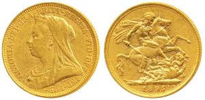 Australia, Victoria, Gold Sovereign, 8g, 1895, veiled head, ’M’ mint mark for Melbourne Mi