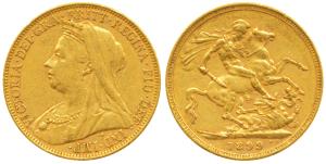 Australia, Victoria, Gold Sovereign, 8g, 1899, veiled head, ’M’ mint mark for Melbourne Mi