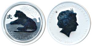 Australia, Elizabeth II, Silver Dollar, 31.1g, 2010, rev. Year of the Tiger. Proof, in pla