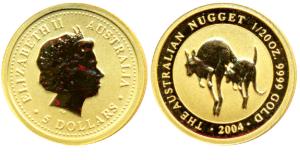 Australia, Elizabeth II, Gold 5 Dollars, 1/20 ounce, 1.55gm, .9999 purity, two Kangaroos o