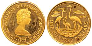 Bahamas, Elizabeth II, Gold $100, 5.46g, 1973, rev. the national Bird of the country, Flam