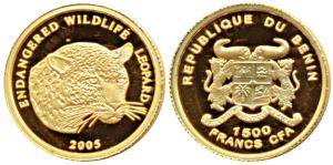 Benin, Gold 1500 Francs, .51g, Endangered Wildlife Series, a Leopard on rev., 2005. Proof.