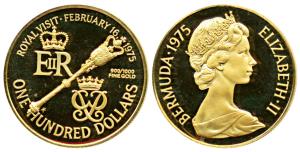 Bermuda, Elizabeth II, Gold $100, 7g, 1975, Royal Visit, the sceptre divides monograms on 