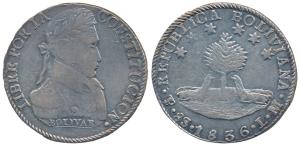 Bolivia, Silver 8 Soles, 1836 Potosi, obv. Bust of Bolivar to right, rev. a tree with six 