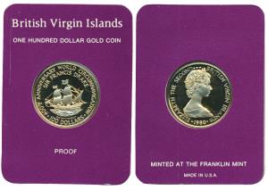 British Virgin Island, Elizabeth II, Gold Proof 100 Dollars, 7.1g, 1980, 400th Anniversary