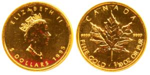 Canada, Elizabeth II, Gold 5 Dollar, 3.31g (1/10 ounce), 1995, Maple leaf on rev. (KM 189)