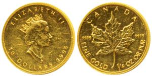 Canada, Elizabeth II, Gold 10 Dollar, 7.75g (¼ ounce), 1995, Maple leaf on rev. (KM 189). 