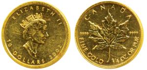 Canada, Elizabeth II, Gold 10 Dollar, 7.75g (¼ ounce), 2002, Maple leaf on rev. (KM 189). 