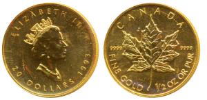 Canada, Elizabeth II, Gold 20 Dollars, 15.55g (½ ounce), 1993, Maple leaf on rev. (KM 190)