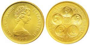 Cayman Islands, Gold 100 Dollars, 22.68g, 1975, rev. portraits of the sovereign Queens of 