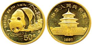 China, Gold 50 Yuan, ½ ounce, 15.55g, 1987, obv. Temple of Heaven, rev. Panda drinking wat