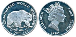 Cook Island, Elizabeth II, Silver $50, 19.4g, Endangered Wildlife Series, Grizzly Bear on 