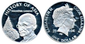 Cook Island, Silver Dollar, 25g, Mahatma Gandhi, 2004. Proof, in plastic case of issue.