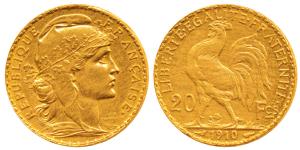 France, Gold 20 Francs, 6.5g, 1910, Liberty on obv. rooster divides value on rev. (KM 857)