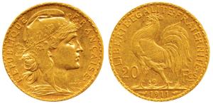 France, Gold 20 Francs, 6.45g, 1911, Liberty on obv. rooster divides value on rev. (KM 857