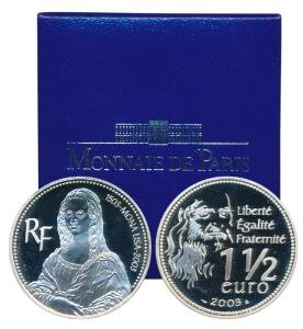 France, Silver 1½ Euro, 22.2g, 2003, 500 Years Anniversary of the Mona Lisa. Proof, in ori