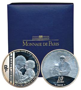 France, Mother Teresa, Silver 10 Euros, 22.2g, 2010, Mother Teresa holding a child on obv.