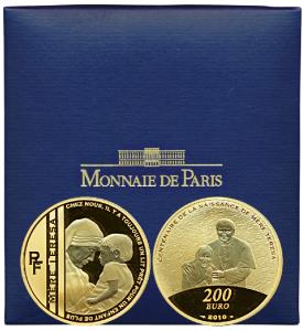 France, Mother Teresa, Gold 200 Euros, 31.1g, 2010, Mother Teresa holding a child on obv.,