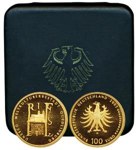 Germany, Gold 100 Euro, 15.55g, 2003, Quedlinburg Abbey monogram. Proof, within original b