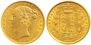 Great Britain, Victoria Queen, Gold Sovereign, 8g, 1869, young head, shield on rev. (KM 73