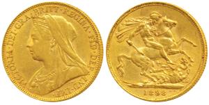 Great Britain, Victoria Queen, Gold Sovereign, 8g, 1898, veiled head, St. George slaying a