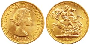 Great Britain, Queen Elizabeth, Gold Sovereign, 8g, 1957, laureate head. About Uncirculate