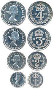Great Britain, Elizabeth, Set of Maundy Money, Silver 4, 3, 2 and 1 Shilling, 1983. Within