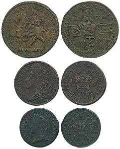 Ireland, James II, Gunmoney Brass Crown, ½ Crown and Shilling, 1689 and 1690 (KM 103.1, 10