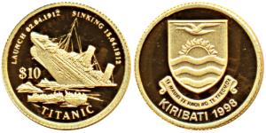 Kiribati, Gold 10 Dollars, 1.24g, 1998, the launch and sinking of the Titanic. Proof, in p