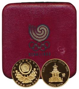 Korea, Gold 50,000 Won, 31.1g, 1988, XXIV Olympiad Seoul, Pul Guk Temple. Proof, within or