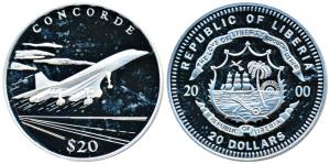 Liberia, Silver 20 Dollars, 20g, 2000, the famous Concorde taking flight. Proof, in plasti