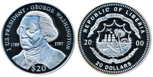 Liberia, Silver 20 Dollars, 20g, 2000, 1st US President George Washington. Proof, in plast