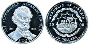Liberia, Silver 20 Dollars, 20g, 2000, 16th US President Abraham Lincoln. Proof, in plasti