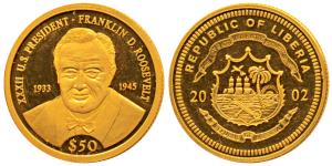 Liberia, Gold $ 50, 3.15g, 2002, 32nd US President Franklin Roosevelt,. Proof, in plastic 