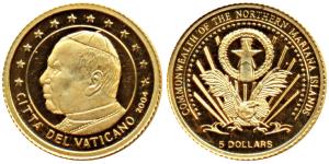 Mariana Islands, Gold $5, 1.26g, Vatican, profile portrait of the Pope, 2004. Proof, in or