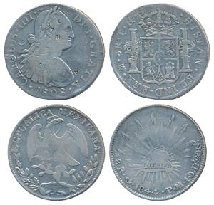 Mexico, Silver 8 Reales (2), Carlos IV, 1808, Mexico City; the second 1844, Guanajuato Min