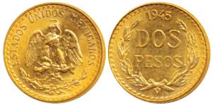Mexico, Gold Dos or 2 Pesos, 1.68g, 1945, eagle holding a snake in its beak (KM 461). Unci