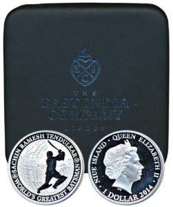 Nieu, Silver Proof $1, 15.55g, 2014, Sachin Tendulkar, The World’s Greatest Batsman, . Pro