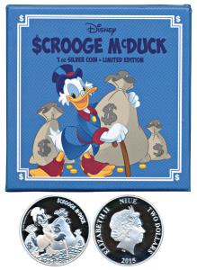 Niue, Elizabeth II, Silver $ 2, 31.1g, 2015, rev. an iconic image of Uncle Scrooge Mc Duck