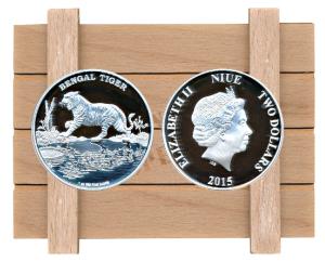 Niue, Elizabeth II, Silver $ 2, 31.1g, 2015, a roaring Bengal Tiger crossing a stream, wit