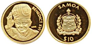 Samoa, Gold 10 Tala, 1.24g, Pope Benedict XVI, 2006 (KM 164). Proof, in plastic case of is