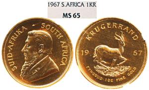 South Africa, Gold Krugerrand, 33.93g, , 1967, .91 Fine. Graded by NGC MS 65, slabbed.