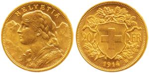 Switzerland, Gold 20 Francs, 6.5g, Bern Mint, draped bust of Helvetia to left and the Swis