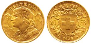 Switzerland, Gold 20 Francs, 6.5g, Bern Mint, draped bust of Helvetia to left and the Swis