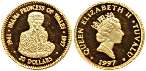 Tuvalu, Elizabeth II, Gold $ 20, 1.24g, 1997, Death of Lady Diana Princess of Wales, (KM 7