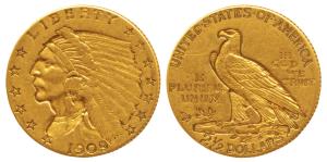 United States of America, Gold (Dollars) $2½, 4.11g, Indian Head on obv., 1909 (KM 128). V