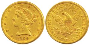 United States of America, Gold (Dollars) $5, 8.34g, Liberty on obv., Motto ’IN GOD WE TRUS