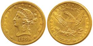 United States of America, Gold (Dollars) $10, 16.78g, 1886, Liberty head on obv., Motto ab