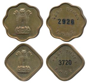 Brass Test Token, Indian Post & Telegraph Department, both with Ashoka Pillar and serial n