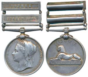 Egypt Medal 1882-89, Silver, Tofrek bar and Suakin 1885 bar, awarded to Private Shaik Peer